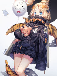 Rule 34 | 1girl, abigail williams (fate), abigail williams (traveling outfit) (fate), artist name, black bow, black jacket, blonde hair, blue eyes, blush, bow, commentary request, covered mouth, crossed bandaids, fate/grand order, fate (series), fou (fate), grey background, hair bow, hair bun, jacket, keyhole, long hair, long sleeves, looking at viewer, medjed (fate), hugging object, official alternate costume, orange bow, parted bangs, polka dot, polka dot bow, roang, single hair bun, sleeves past fingers, sleeves past wrists, solo, star (symbol), stuffed animal, stuffed toy, suction cups, teddy bear, tentacles