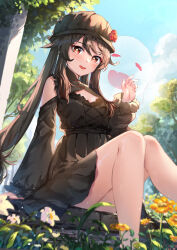 Rule 34 | 1girl, alternate costume, arm support, bare shoulders, black dress, black hat, blush, boo tao (genshin impact), brown hair, chahei, chinese commentary, cleavage cutout, clothing cutout, commentary request, daisy, day, dress, feet out of frame, flower, flower-shaped pupils, frilled dress, frills, genshin impact, hair flower, hair ornament, hand up, hat, hat flower, high collar, highres, hu tao (genshin impact), knees together feet apart, knees up, legs, long hair, long sleeves, looking at viewer, mandarin collar, open mouth, outdoors, plant, plum blossoms, puffy long sleeves, puffy sleeves, red eyes, shoulder cutout, sidelocks, sitting, smile, solo, sunflower, symbol-shaped pupils, teeth, thighs, tree, twintails, upper teeth only, white flower