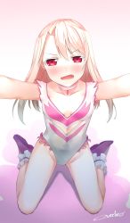 Rule 34 | 1girl, absurdres, angel leotard, blonde hair, blush, breasts, choker, colored eyelashes, dragon quest, dragon quest v, fate/kaleid liner prisma illya, fate/stay night, fate (series), flat chest, gradient background, highres, illyasviel von einzbern, leaning forward, leotard, long hair, looking at viewer, open mouth, overlord (overlord80000), pink background, pov, print leotard, purple footwear, red eyes, signature, small breasts, solo, white choker, white leotard