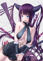 Rule 34 | 1girl, absurdres, bare shoulders, black dress, blue eyes, blunt bangs, blush, breasts, china dress, chinese clothes, cleavage, detached sleeves, dress, fate/grand order, fate (series), flute, grey background, hair ornament, highres, huge filesize, instrument, large breasts, long hair, open mouth, pipa (instrument), purple hair, sidelocks, solo, sou skate714, twintails, very long hair, yang guifei (fate), yang guifei (second ascension) (fate)