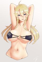 Rule 34 | 10s, 1girl, ahoge, armpits, arms behind head, arms up, bikini, bikini top only, blonde hair, blue eyes, breasts, collarbone, covered erect nipples, hair between eyes, hayabusa, highres, huge breasts, iowa (kancolle), kantai collection, long hair, looking at viewer, messy hair, navel, o-ring, o-ring top, off shoulder, solo, star-shaped pupils, star (symbol), swimsuit, symbol-shaped pupils, tongue, tongue out, underboob, upper body