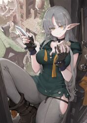 Rule 34 | 1girl, absurdres, black gloves, boots, breasts, building, choker, commentary request, elf, fingerless gloves, gloves, grey hair, grey pants, highres, hip vent, holding, holding knife, jun (navigavi), knee up, knife, leather choker, long hair, on windowsill, original, pants, partially unbuttoned, pointy ears, quiver, short sleeves, smile, solo, town, translation request, whittling, windowsill, yellow eyes