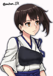 Rule 34 | 1girl, blue hakama, brown eyes, brown hair, hakama, highres, japanese clothes, kaga (kancolle), kantai collection, long hair, looking to the side, maakun (makun dx), muneate, one-hour drawing challenge, side ponytail, simple background, solo, tasuki, twitter username, upper body, white background