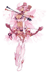 Rule 34 | 1girl, angel, angel wings, arrow (projectile), belt, beret, boots, bow, bow (weapon), braid, breasts, cleavage, clothing cutout, cupid, cupid (monster girl encyclopedia), dark-skinned female, dark skin, full body, hair over one eye, hat, heart, heart-shaped pupils, heart arrow, heart cutout, highres, kenkou cross, large breasts, lingerie, looking at viewer, midriff, monster girl, monster girl encyclopedia, monster girl encyclopedia ii, navel, official art, pink eyes, pink hair, quiver, revealing clothes, short hair, simple background, solo, symbol-shaped pupils, thigh boots, thighhighs, thighs, underwear, weapon, white background, white footwear, white thighhighs, wings