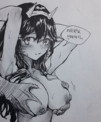 Rule 34 | 1girl, armpits, black hair, blush, disembodied limb, graphite (medium), groping, hair ornament, highres, long hair, lucia (punishing: gray raven), male hands, monochrome, nipples, nude, open mouth, punishing: gray raven, su reut, sweat, traditional media, upper body, white background