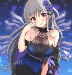 Rule 34 | 1girl, alternate costume, bare shoulders, black dress, blush, breasts, commentary request, dress, flower, grey hair, hair flower, hair ornament, head tilt, highres, large breasts, long hair, looking at viewer, lyrical nanoha, mahou shoujo lyrical nanoha, mahou shoujo lyrical nanoha a&#039;s, purple flower, purple rose, red eyes, reinforce, rose, smile, solo, translation request, usuba kagerou (shougyouchu), very long hair