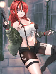 Rule 34 | 1girl, absurdres, bandeau, bare shoulders, black gloves, black hair, black shorts, black thighhighs, breasts, cigarette, cleavage, collarbone, commentary, ear piercing, fingerless gloves, gloves, green jacket, gun, hair over one eye, hand up, handgun, highres, holding, holding cigarette, holding gun, holding weapon, jacket, lain paterson, lain paterson (1st costume), large breasts, long hair, long sleeves, looking at viewer, midriff, multicolored hair, navel, nibiiro (deep 4242), nijisanji, off shoulder, open clothes, open fly, open jacket, outdoors, parted lips, piercing, pistol, ponytail, pouch, purple eyes, red hair, short shorts, shorts, solo, standing, stomach, strapless, streaked hair, suspenders, thigh strap, thighhighs, thighs, tube top, virtual youtuber, weapon