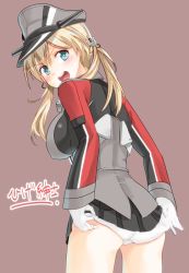 Rule 34 | 10s, 1girl, adjusting clothes, adjusting panties, anchor hair ornament, aqua eyes, ass, blonde hair, blush, from behind, gloves, hair ornament, hat, higeno shinshi, kantai collection, long hair, looking at viewer, looking back, military, military uniform, open mouth, panties, peaked cap, prinz eugen (kancolle), skirt, smile, solo, twintails, underwear, uniform, white gloves, white panties