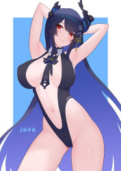 Rule 34 | 1girl, armpits, arms up, asymmetrical horns, black hair, blue hair, breasts, closed mouth, colored inner hair, demon horns, highleg, hololive, hololive english, horns, jdpr, large breasts, long hair, looking at viewer, mole, mole under eye, multicolored hair, navel, nerissa ravencroft, red eyes, smile, solo, swimsuit, thighs, two-tone background, two-tone hair, uneven horns, virtual youtuber