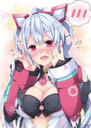 Rule 34 | 1girl, ahoge, blush, breasts, choker, cleavage, cleavage cutout, clothing cutout, floating hair, gem, hair between eyes, hairband, large breasts, looking at viewer, matoi (pso2), milkpanda, open mouth, phantasy star, phantasy star online 2, purple eyes, red eyes, red hairband, silver hair, solo