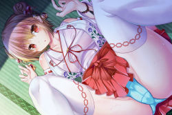 Rule 34 | 1girl, bead bracelet, beads, bow, bracelet, breasts, brown hair, cameltoe, collarbone, commentary request, double bun, floral print, graphite (medium), green panties, hair bun, hair ornament, hakama, hakama short skirt, hakama skirt, highres, japanese clothes, jewelry, large breasts, lying, miko, on back, on floor, original, panties, parted lips, rankiryuu, red eyes, red hakama, red skirt, shirt, short hair, skirt, solo, tatami, thighhighs, thighs, traditional media, underwear, white shirt, white thighhighs