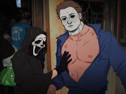 Rule 34 | 2boys, bare pectorals, black gloves, black jumpsuit, black robe, brown hair, dead by daylight, ghostface, gloves, grabbing, halloween (movie), highres, hood, hood up, jumpsuit, large pectorals, male focus, mask, meme, michael myers, mozg-art, multiple boys, muscular, muscular male, nipples, open clothes, open jumpsuit, pectoral grab, pectoral grab (meme), pectorals, robe, scream (movie), short hair, upper body