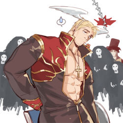 Rule 34 | 1boy, abs, bara, blonde hair, character request, check character, check copyright, copyright request, cross, cross necklace, facial hair, feather hair ornament, feathers, flower, gomtang, hair ornament, jewelry, large pectorals, pectoral cleavage, male focus, mature male, muscular, muscular male, navel, necklace, open clothes, pectorals, priest, ragnarok online, short hair, sideburns, skeleton, solo, stomach, stubble