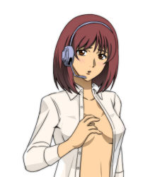 Rule 34 | 1girl, breasts, brown eyes, brown hair, dress shirt, female focus, gundam, gundam lost war chronicles, headset, mochi mame, naked shirt, no bra, noel anderson, open clothes, open shirt, shirt, simple background, solo, white background