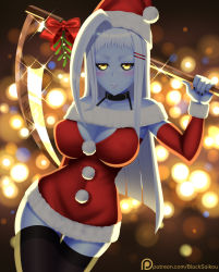 Rule 34 | 1girl, ahoge, arm behind back, black nails, black sclera, black thighhighs, blacksaikou, blue skin, blurry, blurry background, blush, bokeh, breasts, christmas, collarbone, colored sclera, colored skin, commentary, depth of field, detached sleeves, dress, english commentary, frown, fur-trimmed dress, fur-trimmed sleeves, fur trim, glint, hair ornament, hairclip, highres, huge ahoge, jitome, lala (monster musume), large breasts, leaning to the side, long hair, looking at viewer, mole, mole under mouth, monster girl, monster musume no iru nichijou, nail polish, over shoulder, patreon username, pom pom (clothes), red dress, red ribbon, ribbon, santa costume, santa dress, scythe, silver hair, solo, thigh gap, thighhighs, weapon, weapon over shoulder, yellow eyes