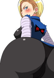 Rule 34 | 1girl, android 18, angry, aqua eyes, ass, blonde hair, blush, breasts, dragon ball, dragonball z, earrings, engawa suguru, female focus, huge ass, jacket, jewelry, looking back, looking down, pantyhose, short hair, simple background, skin tight, solo, white background