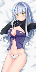 Rule 34 | 1girl, absurdres, bed sheet, black gloves, black jacket, blue shirt, blunt bangs, blush, bow, bow panties, breasts, closed mouth, facial mark, girls&#039; frontline, gloves, green eyes, grey gloves, hand up, highres, hk416 (girls&#039; frontline), jacket, legs together, long hair, long sleeves, looking at viewer, lying, mapyarong, medium breasts, on back, panties, partially unbuttoned, red bow, shirt, sidelocks, silver hair, smile, solo, strapless, teardrop, thighs, tube top, underwear, white panties