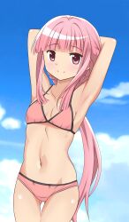Rule 34 | 1girl, armpits, arms behind head, bikini, breasts, highres, legs, long hair, looking at viewer, low ponytail, navel, pink eyes, pink hair, small breasts, smile, solo, swimsuit, tamaki iroha, thighs