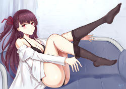 Rule 34 | 1girl, absurdres, ass, black bra, black panties, blouse, blush, bra, breasts, cleavage, couch, enico, female focus, full body, girls&#039; frontline, highres, leg lift, legs, long hair, looking at viewer, medium breasts, open clothes, open shirt, panties, pantyhose, parted lips, plantar flexion, purple hair, red eyes, shirt, side ponytail, sitting, solo, underwear, undressing, wa2000 (girls&#039; frontline), white shirt