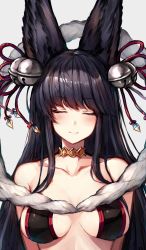 Rule 34 | 10s, 1girl, animal ears, arms at sides, bell, black hair, blush, breasts, closed eyes, closed mouth, collar, collarbone, erune, facing viewer, granblue fantasy, grey background, hair bell, hair ornament, highres, jingle bell, large breasts, long hair, revealing clothes, shawl, simple background, smile, solo, upper body, watao, yuel (granblue fantasy)