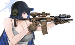 Rule 34 | 1girl, baseball cap, black hair, black hat, blue archive, blue eyes, blue hair, bra, breasts, camouflage, camouflage gloves, cleavage, colored inner hair, commentary, fte (fifteen 199), gloves, green gloves, grey bra, gun, hat, headphones, highres, holding, holding gun, holding weapon, large breasts, long hair, multicolored hair, saori (blue archive), simple background, solo, underwear, upper body, weapon, white background