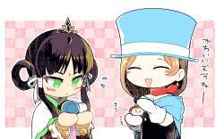 Rule 34 | 2girls, :&lt;, :d, ace attorney, apollo justice, asayosi k, bell, black hair, black shirt, blue cape, blue headwear, border, bracelet, brown hair, cape, character doll, checkered background, chibi, closed eyes, dhurke sahdmadhi, earrings, facial mark, flying sweatdrops, forehead mark, gloves, green eyes, hair ribbon, hair rings, hat, jewelry, jingle bell, long hair, long sleeves, looking down, low-tied long hair, marking on cheek, mochikororin, multiple girls, nahyuta sahdmadhi, no fingers, no nose, open mouth, outline, outside border, patting, pink background, rayfa padma khura&#039;in, red scarf, ribbon, scarf, shirt, smile, strapless, strapless shirt, swept bangs, tiara, top hat, trucy wright, upper body, white border, white cape, white gloves, white outline, white ribbon