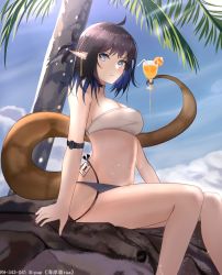 Rule 34 | 1girl, ahoge, arknights, arm strap, arm support, artist name, bad id, bad pixiv id, bare legs, bipup-hola, black hair, black nails, blue eyes, blue hair, blue sky, blush, breasts, chinese commentary, cleavage, closed mouth, cloud, cloudy sky, colored inner hair, cup, day, drinking straw, ear piercing, earrings, eunectes (arknights), feet out of frame, food, fruit, highres, holding, holding with tail, id card, jewelry, light rays, looking at viewer, medium breasts, medium hair, multicolored hair, nail polish, navel, official alternate costume, orange (fruit), orange slice, outdoors, palm tree, piercing, pointy ears, prehensile tail, rhodes island logo (arknights), rock, sitting, sky, snake tail, solo, stomach, sunlight, sweat, tail, thighs, tree, two-tone hair