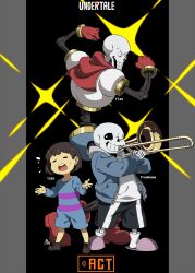 Rule 34 | 1other, 2boys, = =, absurdres, androgynous, black background, black sclera, black shorts, blue jacket, brothers, brown footwear, brown hair, cape, cel shading, child, closed eyes, colored sclera, commentary, copyright name, facing viewer, flexing, frisk (undertale), full body, gameplay mechanics, gloves, grey background, grin, highres, holding, holding instrument, hood, hood down, hooded jacket, instrument, jacket, kamezaemon, legs apart, multiple boys, music, one eye closed, open clothes, open jacket, open mouth, papyrus (undertale), pink footwear, playing instrument, red cape, red footwear, red gloves, romper, sans, shirt, shoes, short hair, shorts, siblings, skeleton, slippers, smile, socks, sparkle, standing, sweatdrop, talking, trombone, two-tone background, undertale, white shirt, white socks