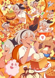 Rule 34 | 1boy, 1girl, 4others, :d, ^ ^, absurdres, alcremie, applin, artist name, artistic error, bacon, bag, bea (pokemon), black skirt, blue eyes, blush, bow, bow hairband, bowl, breasts, burger, butter, cake, candy, character sheet, cheese, chibi, chocolate, chocolate bar, chocolate syrup, chopsticks, closed eyes, closed mouth, collared shirt, commentary, creature on head, creatures (company), dark-skinned female, dark skin, doughnut, eating, egg (food), elbows on table, english commentary, falinks, food, food in mouth, french fries, fruit, game freak, gen 2 pokemon, gen 5 pokemon, gen 6 pokemon, gen 8 pokemon, gloves, grey hair, gym leader, hair between eyes, hair ribbon, hairband, hand on own face, happy, hardboiled egg, heart, highres, hitmontop, holding, holding bag, holding chopsticks, holding spoon, hot dog, ice cream, jeetdoh, lettuce, looking at another, meat, miniskirt, mouth hold, muffin, multiple girls, multiple others, multiple views, nintendo, noodles, official alternate costume, open mouth, orange background, pickle, pizza, pizza box, pizza slice, pleated skirt, poke ball, poke ball (basic), pokemon, pokemon (creature), pokemon swsh, polo shirt, profile, ramen, ribbon, shirt, shoes, short hair, short sleeves, signature, simple background, single glove, skirt, small breasts, smile, sneakers, soy sauce, sparkle, speech bubble, spoken heart, spoon, steam, strawberry, swirlix, symbol-only commentary, table, teeth, thick eyebrows, tomato, upper teeth only, vanilluxe, waffle, white footwear, white shirt, wooden table, yellow background