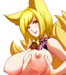 Rule 34 | 1girl, animal ears, bare shoulders, bell, blonde hair, breast hold, breasts, breasts squeezed together, brown eyes, choker, dearmybrothers, female focus, fox ears, fox tail, highres, lactation, large breasts, looking at viewer, multiple tails, nipples, no headwear, short hair, simple background, solo, tail, touhou, white background, yakumo ran