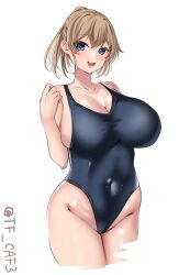 Rule 34 | 1girl, alternate costume, black one-piece swimsuit, blue eyes, blush, breasts, brown hair, cowboy shot, highres, huge breasts, intrepid (kancolle), kantai collection, looking at viewer, navel, one-hour drawing challenge, one-piece swimsuit, open mouth, ponytail, short hair, simple background, smile, solo, swimsuit, tf cafe, twitter username, white background