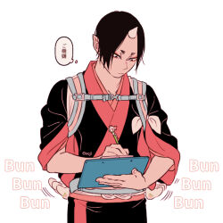 Rule 34 | 1boy, baby, baby carrier, black eyes, black hair, commentary request, english text, eyeshadow, father and child, holding, holding pen, hoozuki (hoozuki no reitetsu), hoozuki no reitetsu, horns, japanese clothes, makeup, male focus, oni horns, pen, pointy ears, red eyeshadow, short hair, simple background, sleeves rolled up, translation request, yasoji (16321578)
