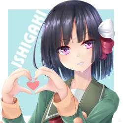 Rule 34 | 1girl, black hair, blue background, border, bow, bowtie, character name, commentary request, green jacket, hair bow, heart, heart hands, highres, ishigaki (kancolle), jacket, kantai collection, light smile, long sleeves, looking at viewer, parted lips, red bow, red bowtie, red eyes, seiya (iiseven), short hair, solo, two-tone background, white border, white bow