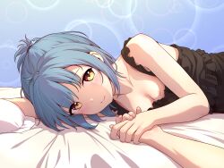 Rule 34 | 2girls, afterglow, babydoll, bare shoulders, bed, bed sheet, bedroom, black babydoll, blue hair, blush, breasts, brown eyes, cleavage, closed mouth, collarbone, frilled babydoll, hair ornament, haori haruki, hickey, highres, himitsu (hi mi tsu 2), holding hands, indoors, lingerie, looking at viewer, lying, multiple girls, on bed, on side, original, pillow, pov, pov across bed, pov hands, short hair, short ponytail, small breasts, smile, star (symbol), star hair ornament, underwear, yuri