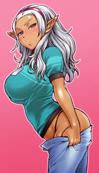 Rule 34 | 1girl, arched back, black panties, blouse, breasts, clothes pull, cowboy shot, dark-skinned female, dark skin, elf, elf-san wa yaserarenai., from side, gradient background, green shirt, hairband, kuroeda (elf-san wa yaserarenai.), large breasts, long hair, looking at viewer, mole, mole under eye, outline, panties, pants, pants pull, pink background, pink eyes, pointy ears, self exposure, shirt, silver hair, simple background, solo, standing, t-shirt, thighs, underwear