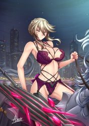 Rule 34 | adsouto, artoria pendragon (fate), artoria pendragon (lancer alter) (fate), blonde hair, bra, breasts, clenched hand, closed mouth, facing viewer, fate/grand order, fate (series), highres, large breasts, lingerie, midriff, navel, panties, serious, solo, underwear, yellow eyes