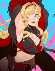 Rule 34 | 1girl, armpits, arms up, artist name, blonde hair, blue eyes, breasts, cleavage cutout, clothing cutout, gloves, granblue fantasy, hairband, highres, jacket, koyorin, large breasts, long hair, looking at viewer, midriff, one eye closed, open clothes, open jacket, open mouth, solo, zeta (granblue fantasy)