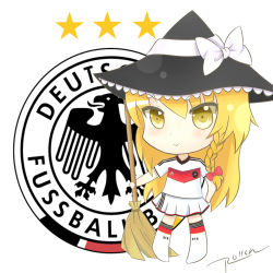 Rule 34 | absurdres, adidas, bird, blonde hair, blush, bow, braid, broom, chibi, closed mouth, eagle, emblem, full body, german text, germany, hair bow, hat, hat bow, highres, holding, jersey, kirisame marisa, red ribbon, ribbon, roll daikufu, skirt, smile, soccer, soccer uniform, solo, sportswear, standing, star (symbol), touhou, white bow, white legwear, white ribbon, white skirt, witch hat, world cup, yellow eyes