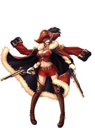Rule 34 | 1girl, beatrica (sennen sensou aigis), boots, breasts, brown hair, cigar, cleavage, coat, feet, full body, gloves, green eyes, gun, hair over one eye, hat, highres, holding, large breasts, legs, long coat, looking at viewer, midriff, mouth hold, necklace, open mouth, pirate, red skirt, sennen sensou aigis, short hair, skirt, smile, smoking, solo, standing, thigh boots, thighhighs, thighs, transparent background, weapon, white background, white gloves
