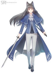 Rule 34 | 1boy, animal ear fluff, animal ears, black footwear, black hair, blue capelet, blue coat, capelet, closed mouth, coat, collared shirt, expressionless, full body, grey pants, holding, holding sword, holding weapon, long hair, looking at viewer, male focus, natsuya (kuttuki), original, pants, red eyes, shirt, shoes, simple background, sneakers, solo, sword, tail, weapon, white background, white shirt, wolf boy, wolf ears, wolf tail