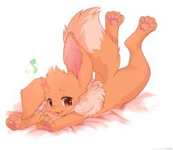 Rule 34 | :3, ancesra, animal focus, artist name, bed sheet, blush, brown eyes, creatures (company), eevee, fang, feet up, fluffy, full body, game freak, gen 1 pokemon, happy, highres, looking at viewer, lying, musical note, neck fur, nintendo, no humans, nose blush, on stomach, open mouth, outstretched arms, patreon username, pawpads, pokemon, pokemon (creature), simple background, smile, solo, watermark, web address, white background