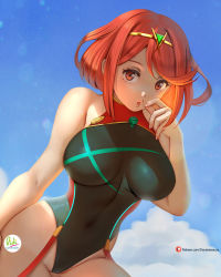 Rule 34 | 1girl, blue sky, breasts, cleavage, cloud, cloudy sky, competition swimsuit, crown, didi esmeralda, hair between eyes, highres, looking at viewer, one-piece swimsuit, painttool sai (medium), pinup (style), pouty lips, pyra (pro swimmer) (xenoblade), pyra (xenoblade), red eyes, red hair, short hair, sky, solo, swimsuit, xenoblade chronicles (series), xenoblade chronicles 2