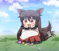 Rule 34 | 1girl, animal ears, barefoot, blush, brooch, brown hair, day, dress, fang, flower, grass, hair between eyes, hands on own face, imaizumi kagerou, jewelry, long hair, long sleeves, motion lines, open mouth, pink flower, red dress, red eyes, rokugou daisuke, signature, smile, solo, tail, touhou, white dress, wolf ears, wolf tail, yellow flower
