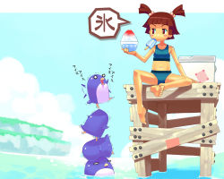 Rule 34 | 1girl, barefoot, bikini, bird, blush stickers, brown eyes, brown hair, cooler, feet, food, ice cream, mouth hold, navel, original, penguin, popsicle, ryuuta, ryuuta (msxtr), shaved ice, short twintails, sitting, soles, solo, swimsuit, tankini, twintails, water