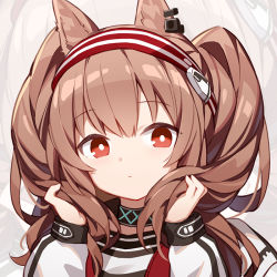 Rule 34 | 1girl, angelina (arknights), animal ears, arknights, brown hair, choker, expressionless, headband, jacket, long hair, long sleeves, looking at viewer, portrait, quan (kurisu tina), red eyes, solo, twintails, white jacket, zoom layer