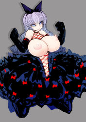 Rule 34 | 1girl, bare shoulders, black gloves, blue eyes, breastless clothes, breasts, breasts out, cleft of venus, dress, elbow gloves, female focus, gloves, hair ornament, hair ribbon, highres, huge breasts, large areolae, long hair, navel, nipples, no bra, no panties, noise (lesion949), original, puffy nipples, pussy, ribbon, silver hair, skirt, solo, standing, uncensored