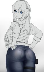 Rule 34 | 1girl, ass, blue eyes, bulletproof vest, denim, from behind, headphones, highres, jeans, long sleeves, looking at viewer, looking back, monochrome, nine (kanine41), original, pants, pocket, ponytail, solo, thigh strap, thighs, tight clothes, tight pants, white background