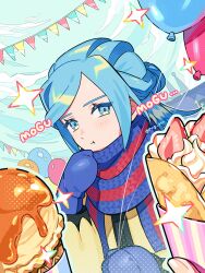 Rule 34 | 1boy, 1other, :t, balloon, blue eyes, blue hair, blue mittens, blue scarf, closed mouth, commentary request, creatures (company), crepe, dessert, food, game freak, grusha (pokemon), hand up, holding, holding string, ice cream, ice cream cone, jacket, mittens, nintendo, outdoors, pokemon, pokemon sv, pout, puteru, scarf, sky, sparkle, string, striped clothes, striped scarf, yellow jacket