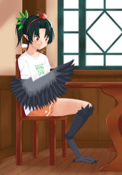 Rule 34 | 1girl, 53c, absurdres, black hair, black wings, chair, clothes writing, crow tengu, english text, feathered wings, hair ornament, harpy, hat, highres, leaf hair ornament, monster girl, monster girl encyclopedia, non-web source, pointy ears, pom pom (clothes), ponytail, shirt, short hair, short ponytail, sigh, sitting, skirt, solo, t-shirt, table, tokin hat, white shirt, window, winged arms, wings, wooden floor