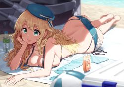 Rule 34 | 10s, 1girl, aqua eyes, arm support, ass, atago (kancolle), bad id, bad pixiv id, ball, barefoot, beach towel, beachball, blonde hair, bottle, breasts, cleavage, cooler, hat, huge ass, kantai collection, large breasts, long hair, looking at viewer, lotion, lying, narrow waist, omaru gyuunyuu, on stomach, shadow, smile, solo, sunlight, sunscreen, the pose, towel, water bottle, wide hips
